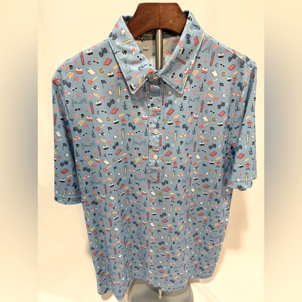 Criquet Blue Summer Patterned Men's Polo, Size Large